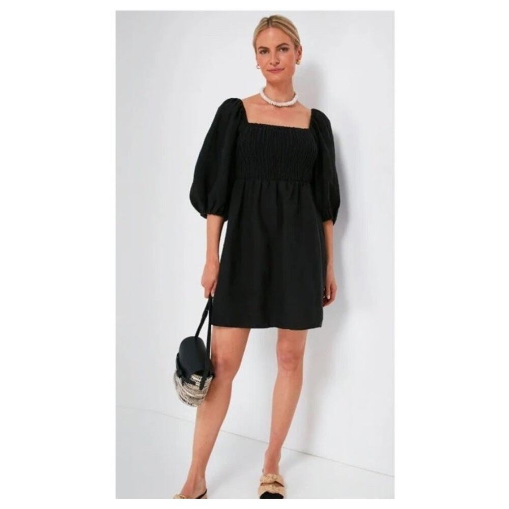 Tuckernuck Small Black Annie Smocked Linen Mini Dress Balloon Puff Sleeves F23